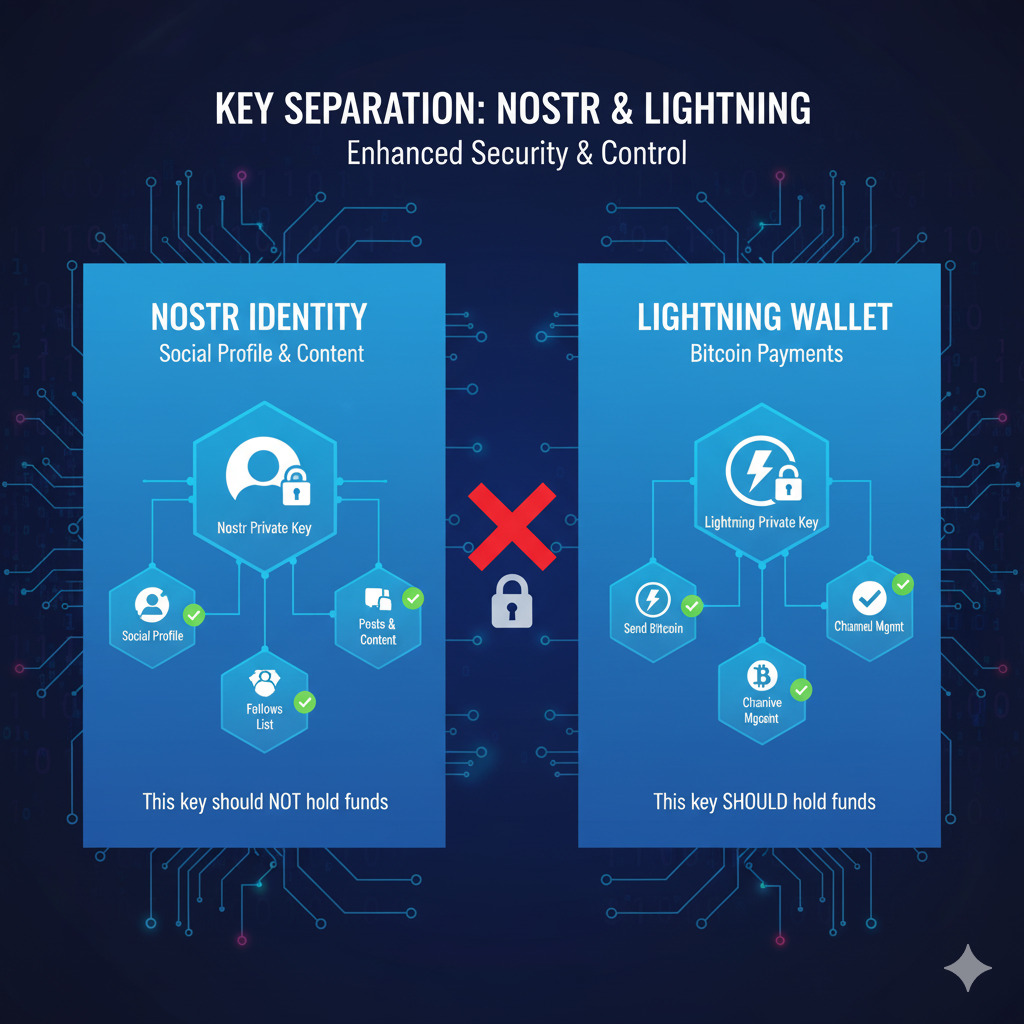 Security diagram showing key separation between Nostr identity keys and Lightning wallet keys