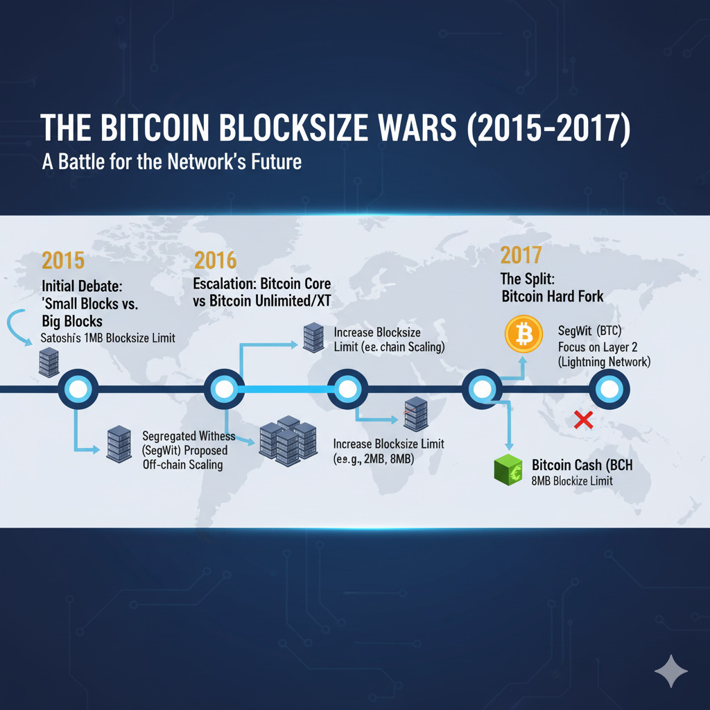 Timeline visualization of the Bitcoin Blocksize Wars from 2015-2017