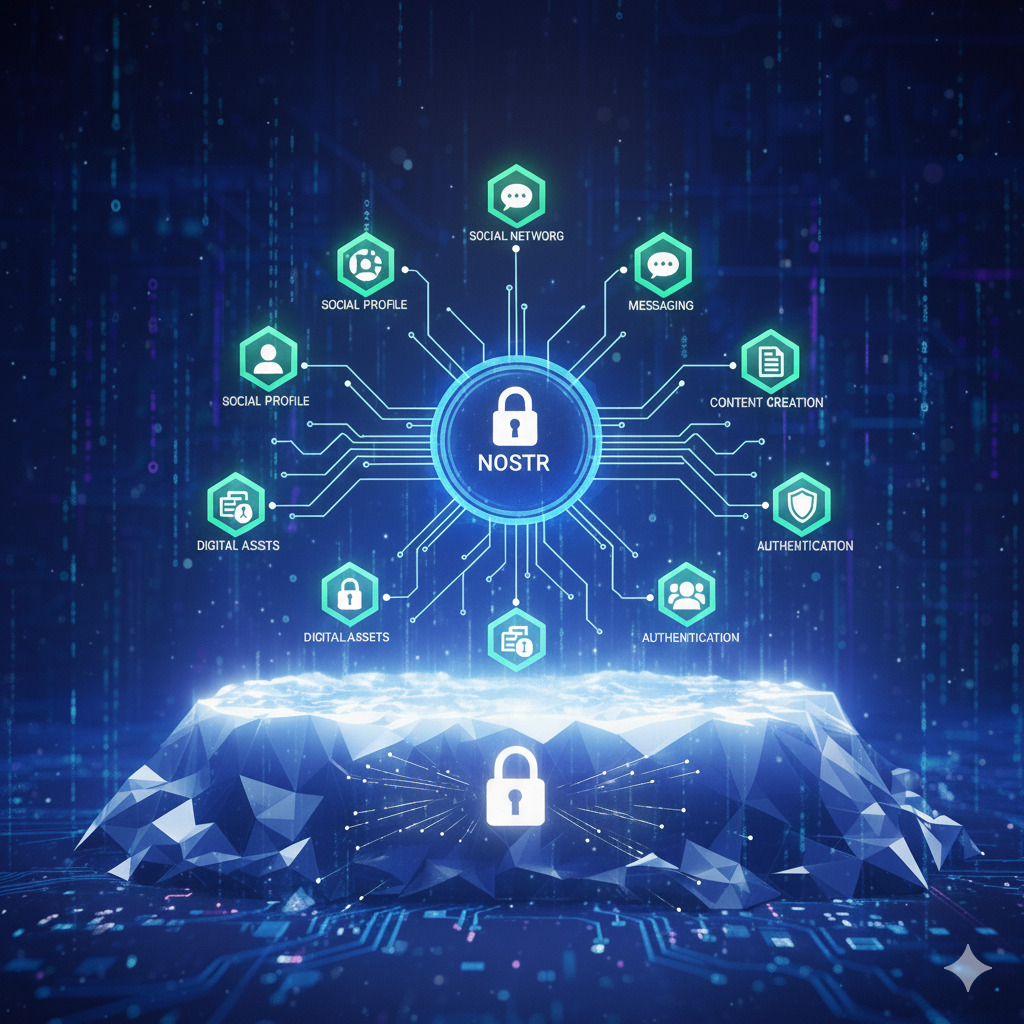 Visual representation of Nostr private key security showing how a single key controls multiple aspects of digital identity