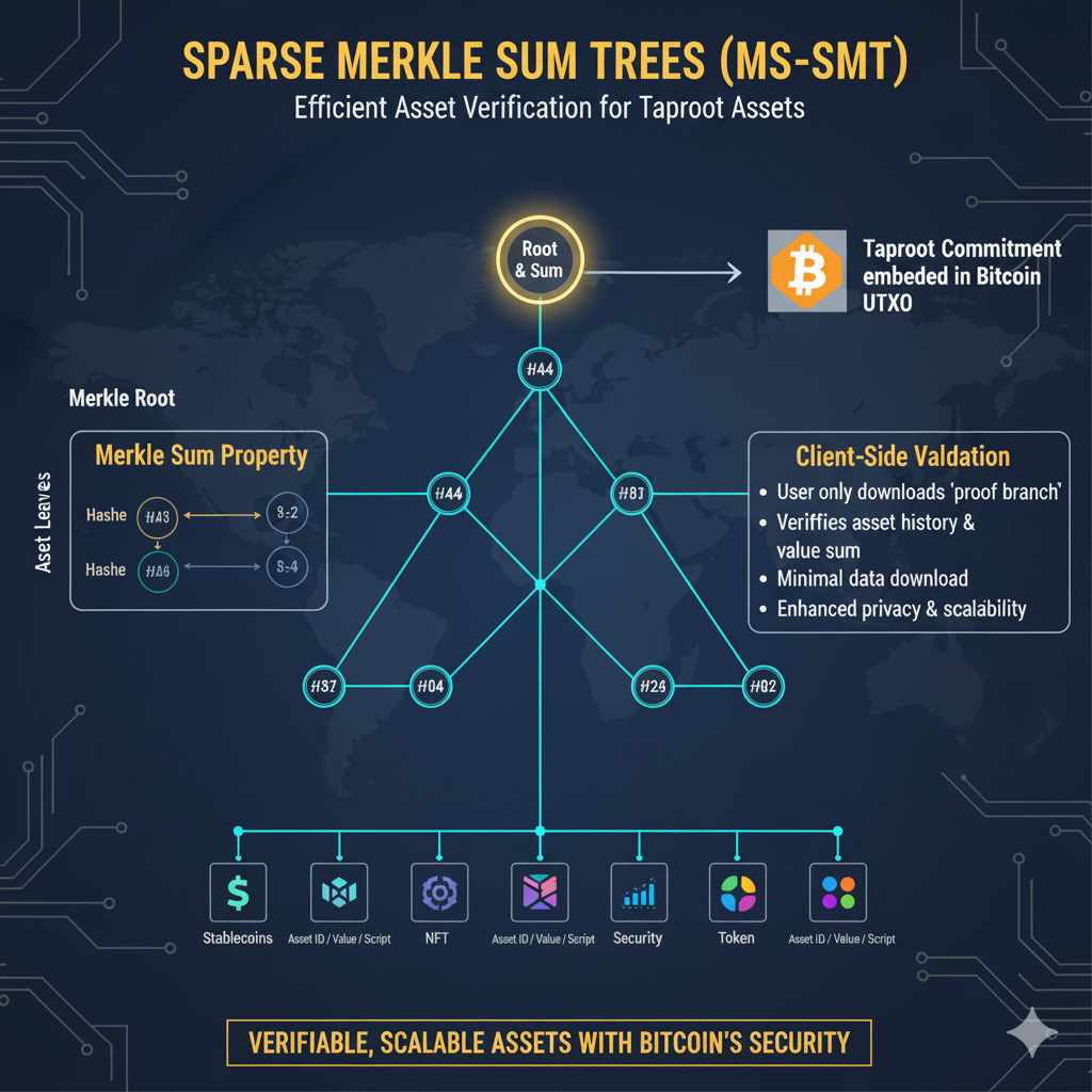 Visualization of Sparse Merkle Sum Trees used in Taproot Assets for asset verification