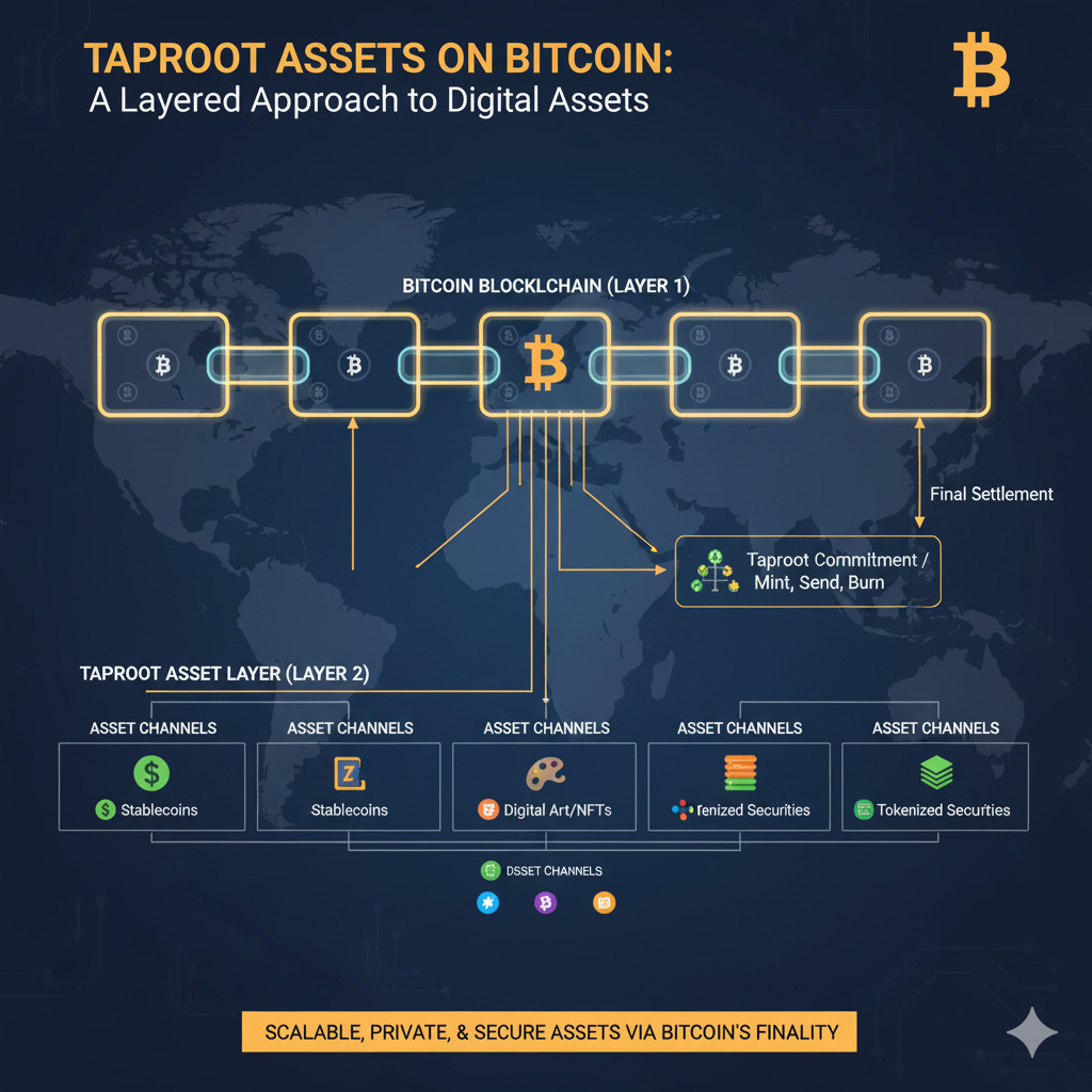 Visualization of Taproot Assets on Bitcoin network showing connections between Bitcoin blockchain and asset layers